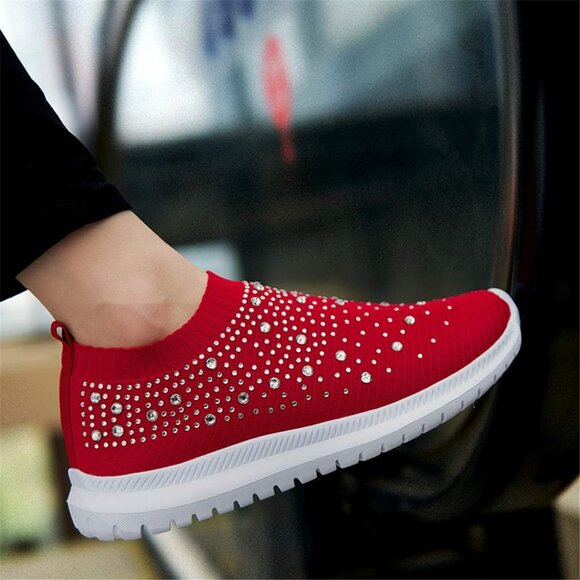 Women's Mesh Walking Shoes Rhinestone Glitter Slip On Ballroom Sneakers Red - Picture 6 of 6